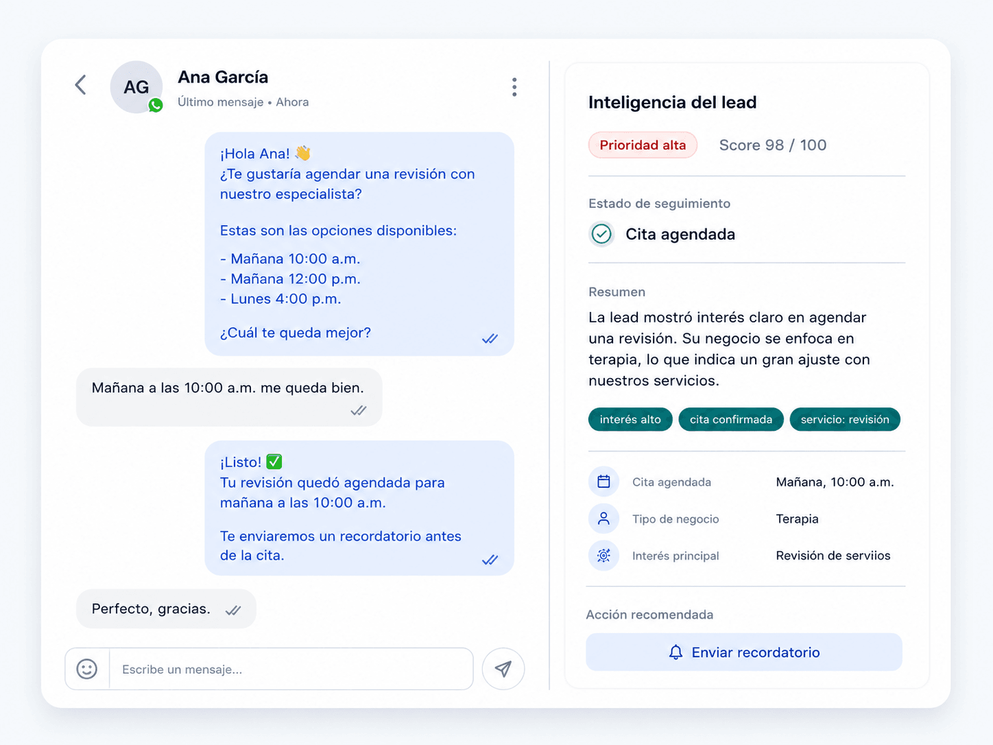 Captura del producto Kovia: conversación en WhatsApp con cita agendada e inteligencia del lead